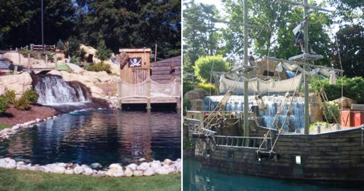 split image. on left is a waterfall draining into a pond at Pirate's Cove. on right is a large pirate ship at Pirate's Cove