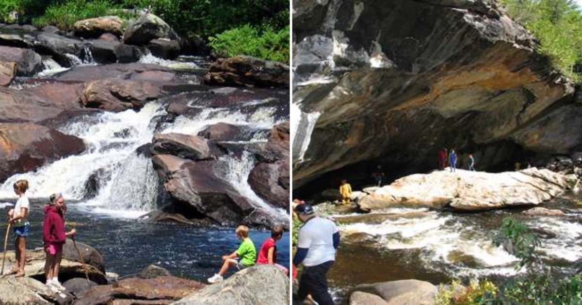 split image. on left is kids standing in front of a waterfall. on right is cavers exploring the mouth of a large cave