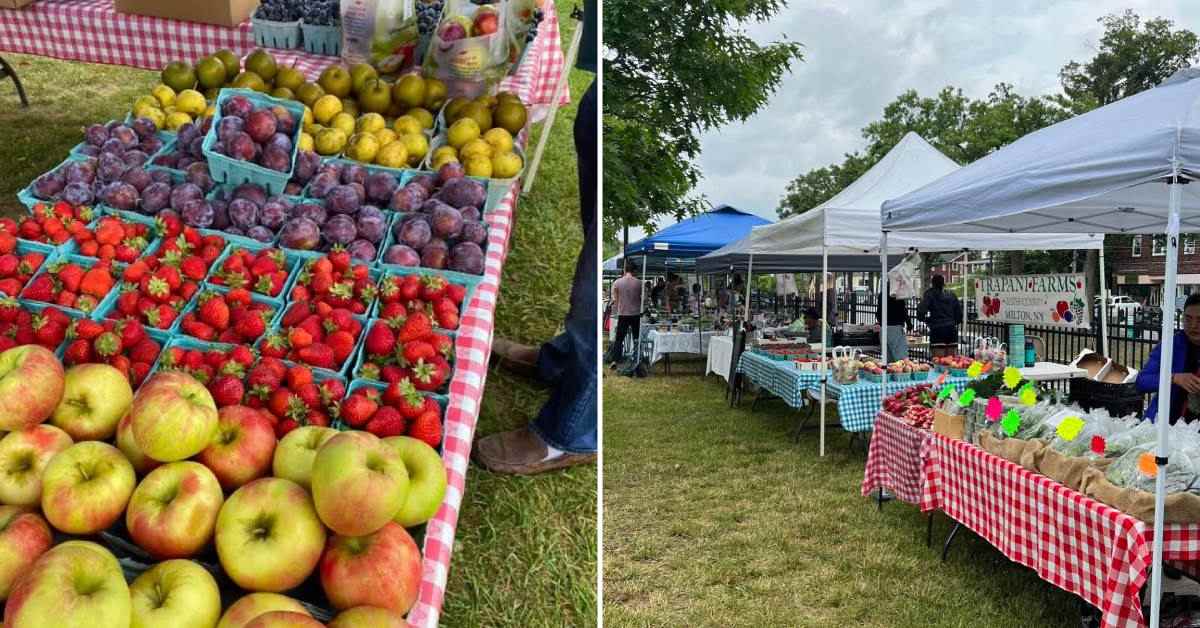 split image. on left is buckets of apples, strawberries, and other fruits on a table. on right is 3 tents at a farmers market