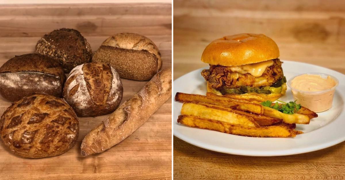split image. on left is loaves of bread. on right is a plated chicken sandwich and fries