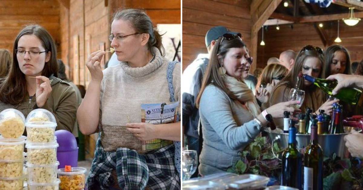 split image. on left is women trying cheese samples. on right is woman trying a wine sample.