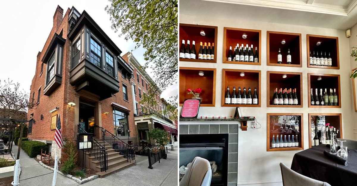 split image. on left is exterior of a brick building. on right is wall of wines