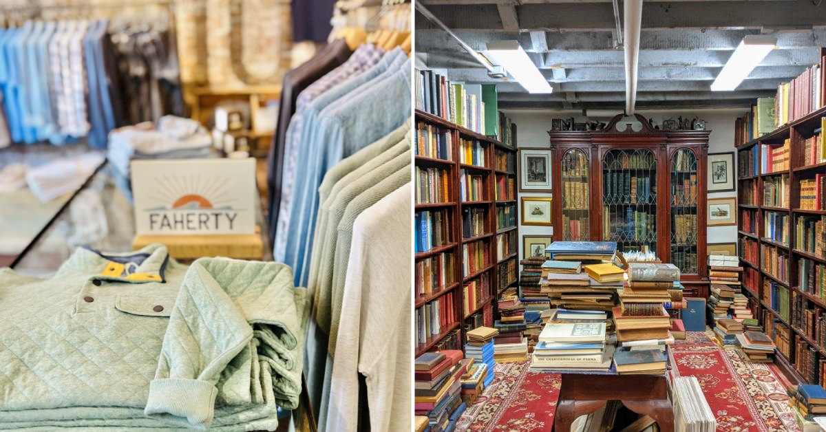 split image. on left is clothing display. on right is a room inside a bookstore