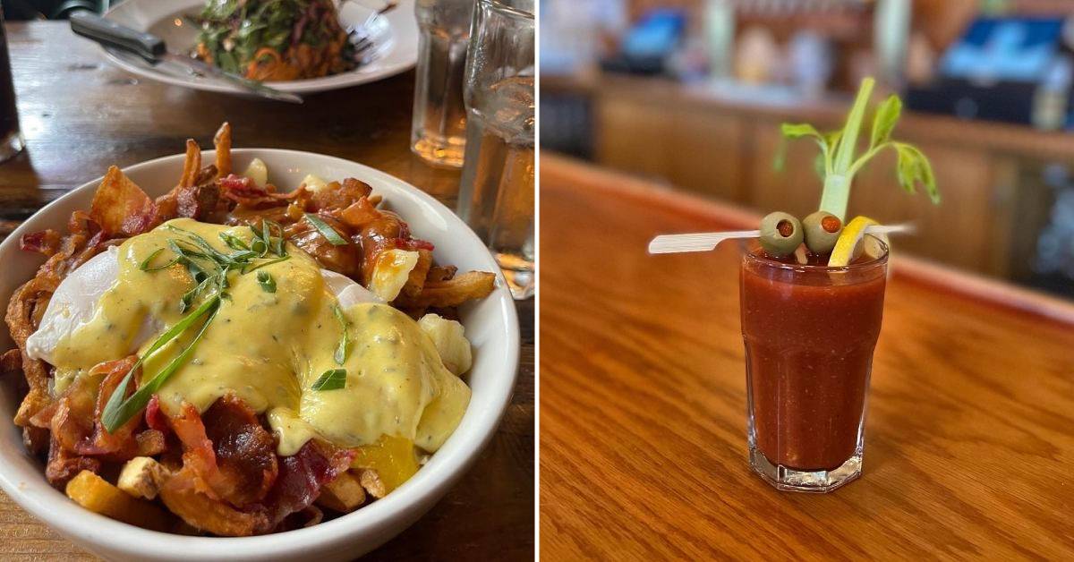 split image. on left is plate with benedict eggs on it. on right is a bloody mary sitting on a table