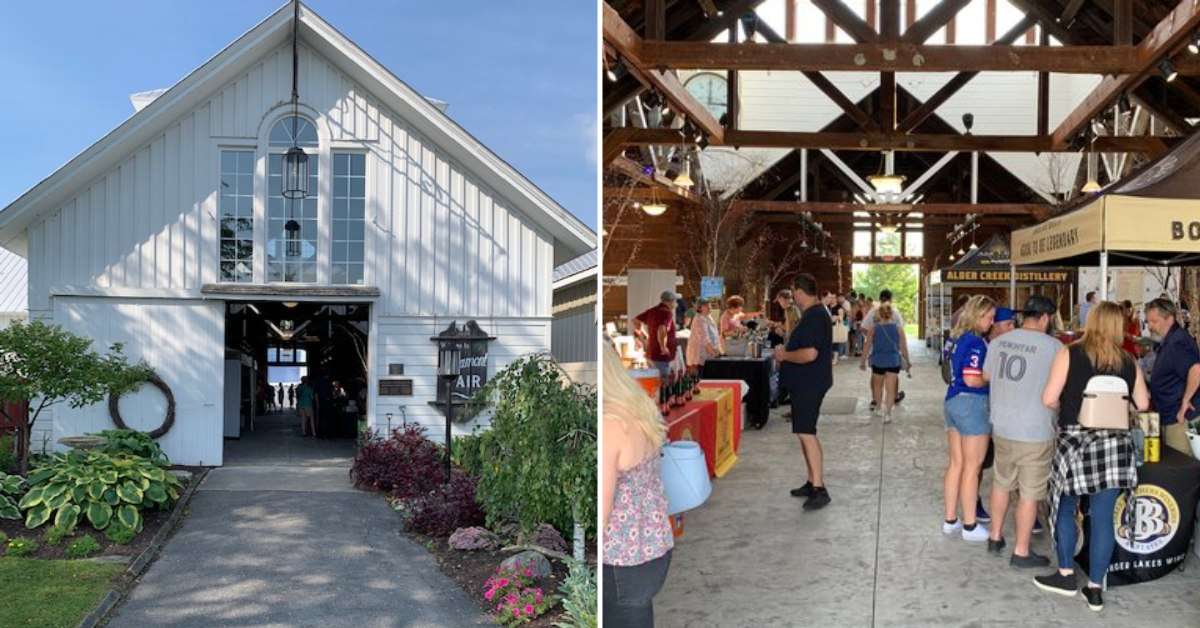 split image. on left is exterior of white building. on right is interior of white building with vendors set up