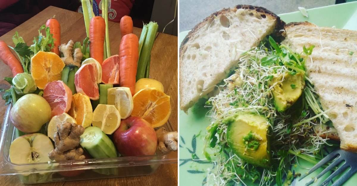 split image. on left is bucket with fruits and veggies in it. on right is sandwich with avocado in the middle