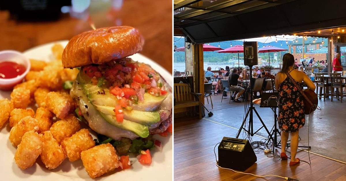 split image. on left is burger with avocado, pico de gallo, and tater tots. on right is a woman performing on a stage on an outdoor patio