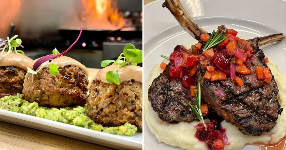 split image. on left is 4 plated crab cakes. on right is two steaks plated over mashed potatoes with chutney