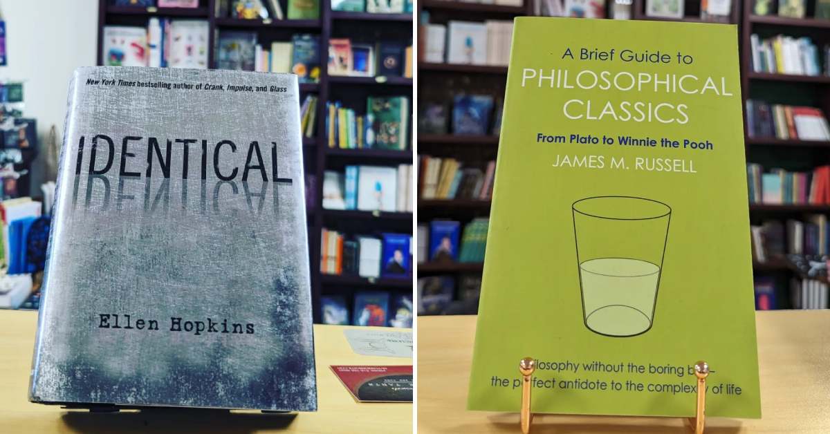 side by side books, identical by ellen hopkins and a brief guide to philosophical classics by james m. russel
