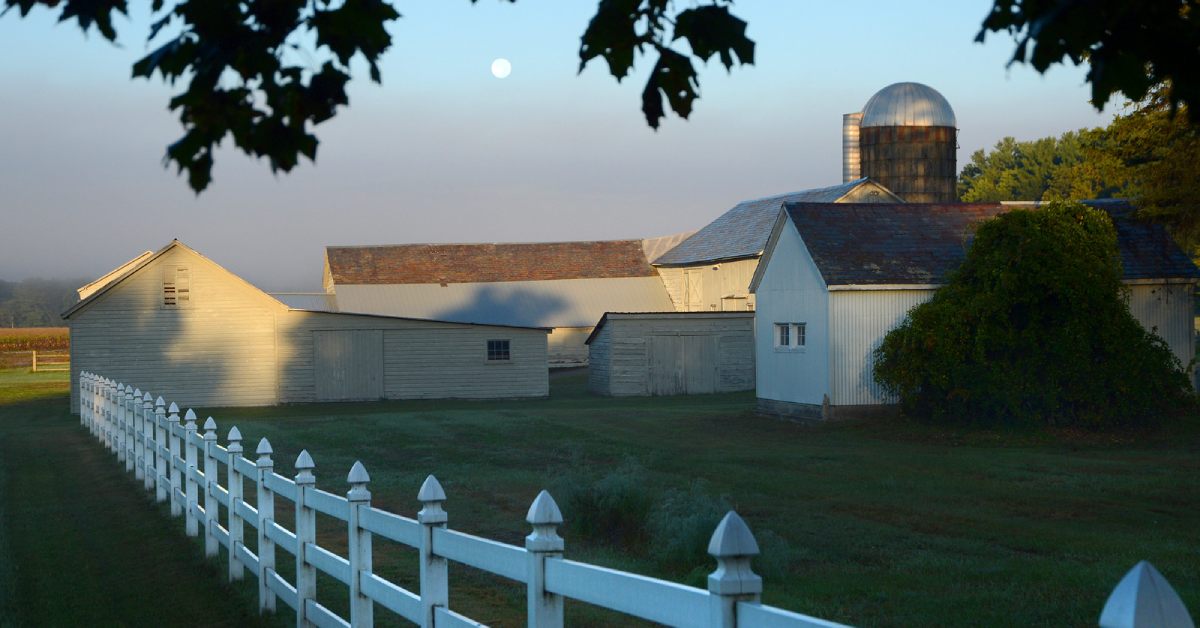 farm buildings with the moon above in the sky