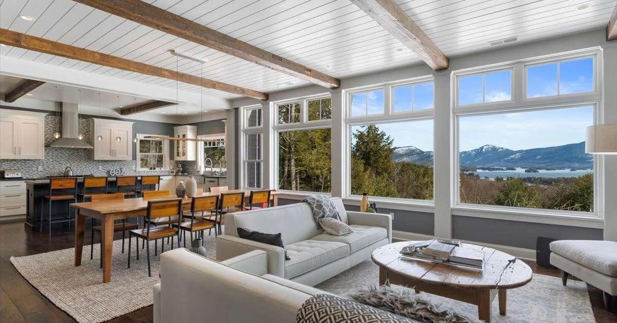 living room and kitchen with mountain views