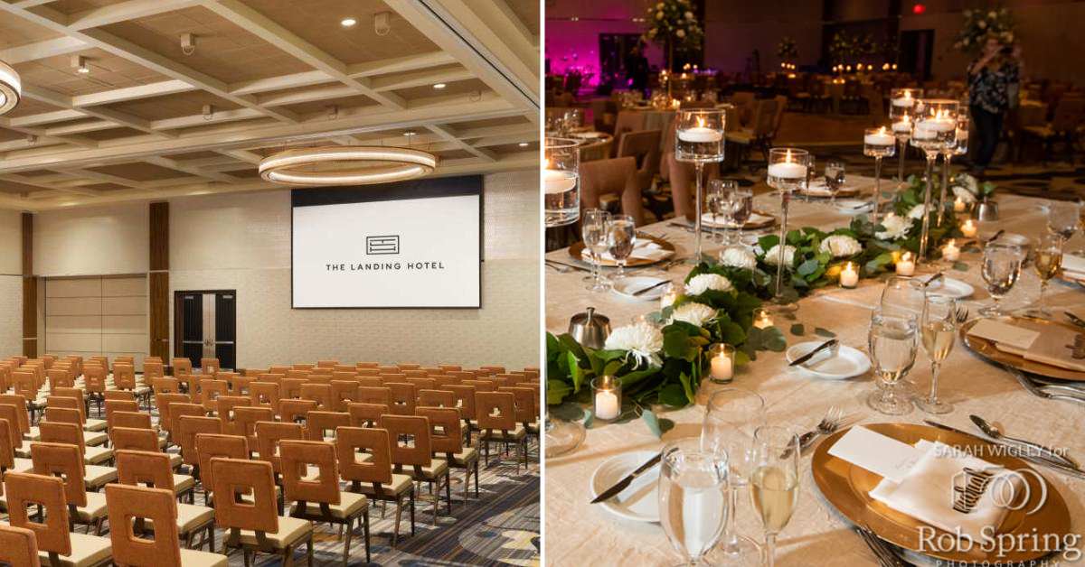 split image. on left are chairs set up for a meeting. on right is a wedding reception tablescape