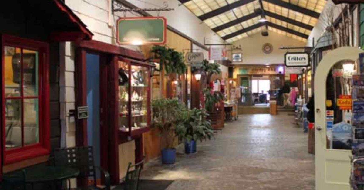 inside of a village mall area with shops