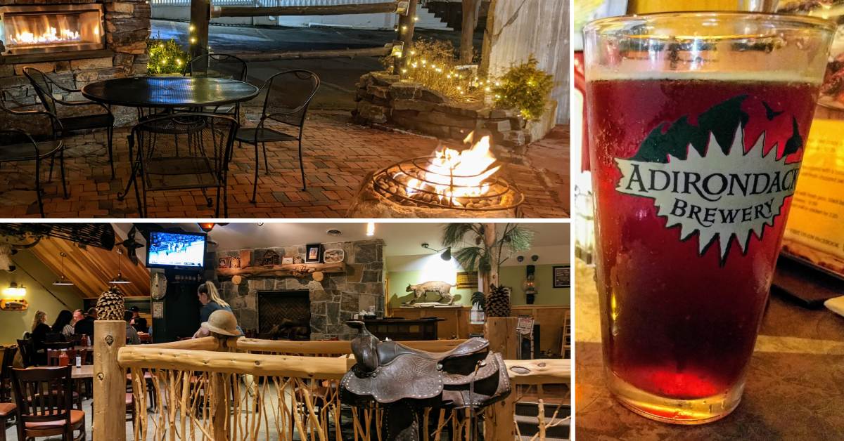 outdoor area with fire pits, indoor rustic restaurant, and adirondack brewery beer