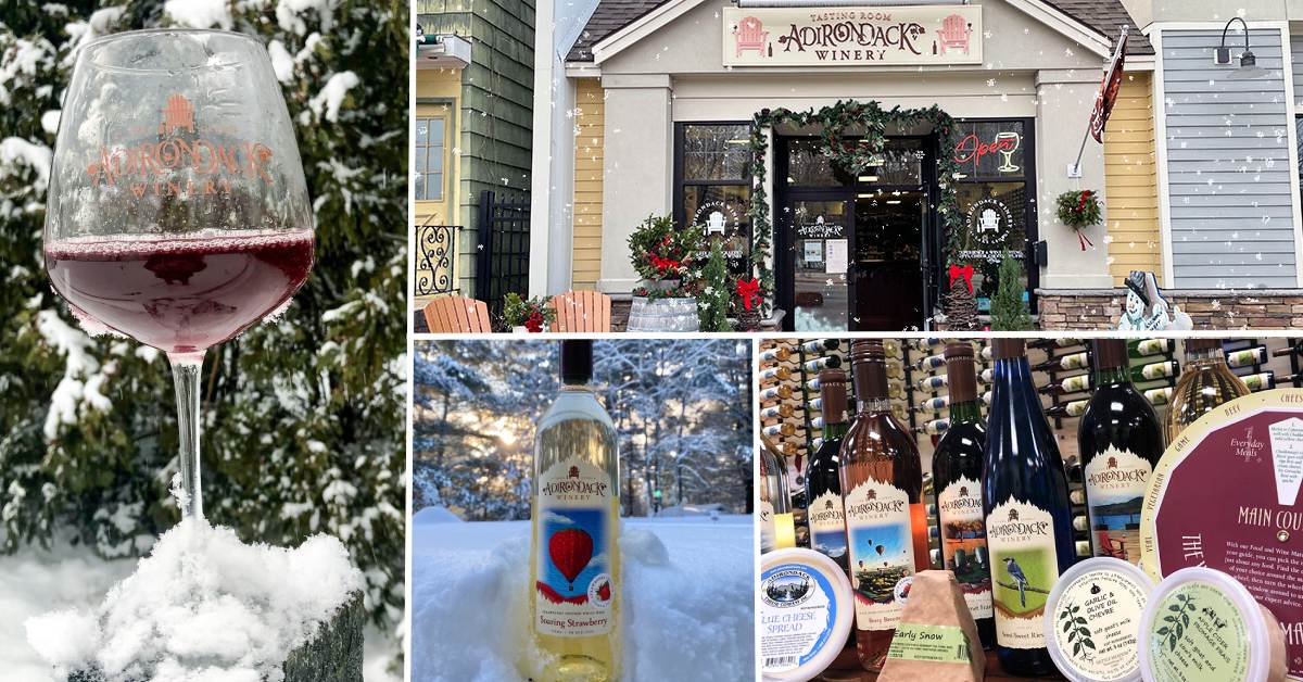 collage with adirondack winery wine bottle, glass in the snow, outside of store in winter, inside store with cheeses