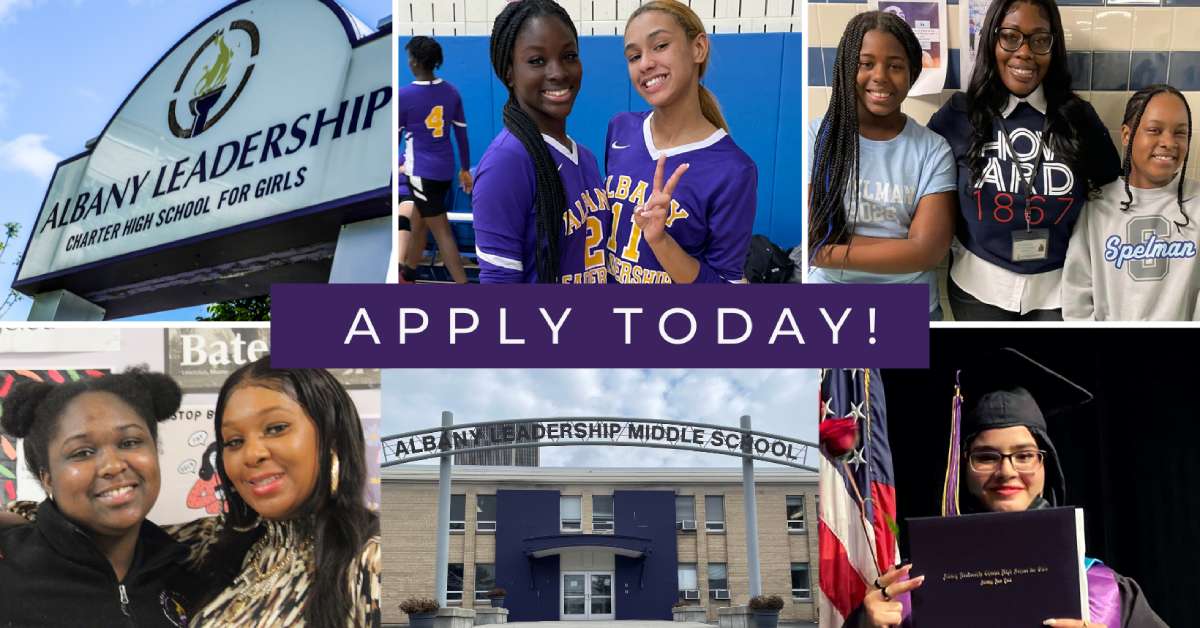 collage of six photos featuring students and Albany Leadership Charter School and the words Apply Today in the middle