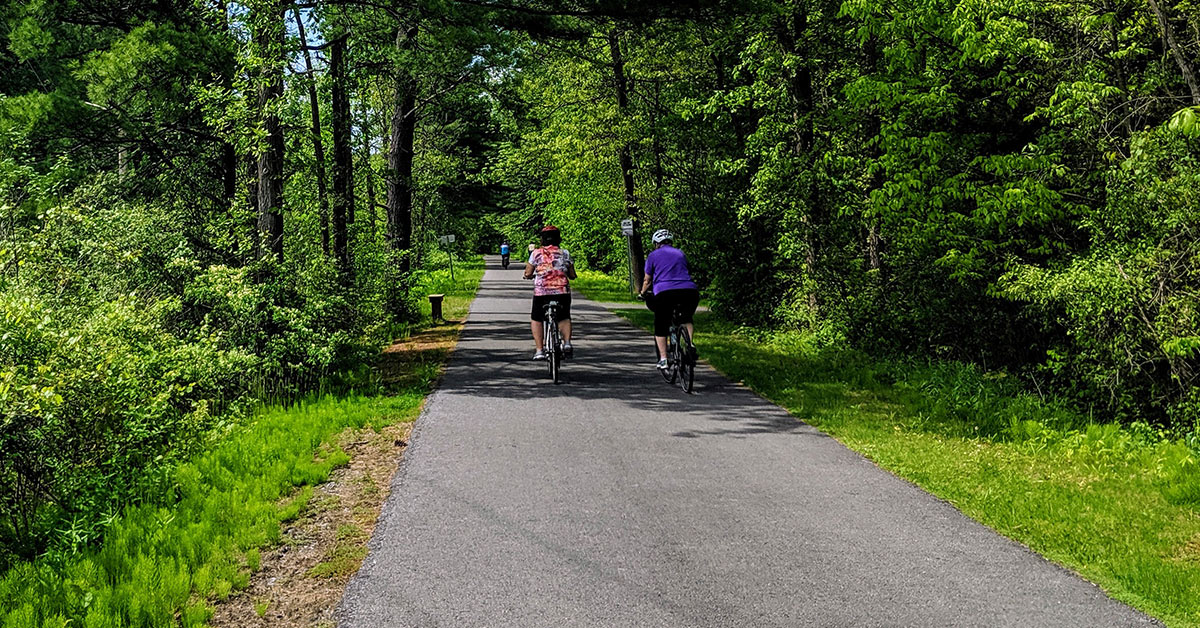 two people biking on a path