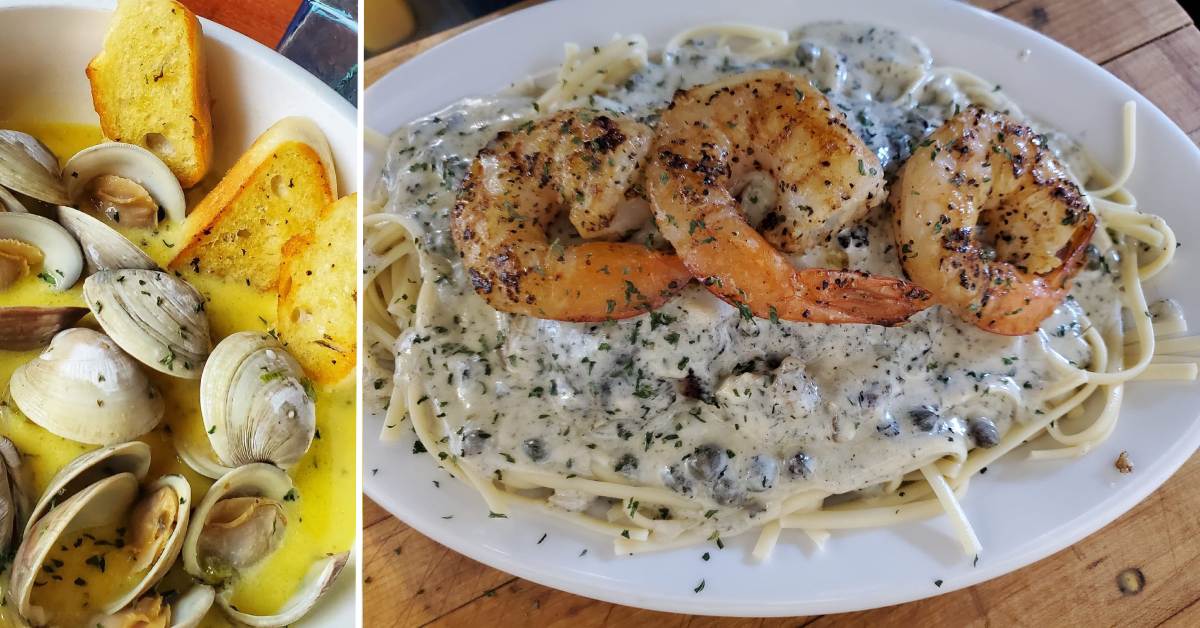clams with garlic bread in sauce on the left, pasta with white sauce and three shrimp on top on the right