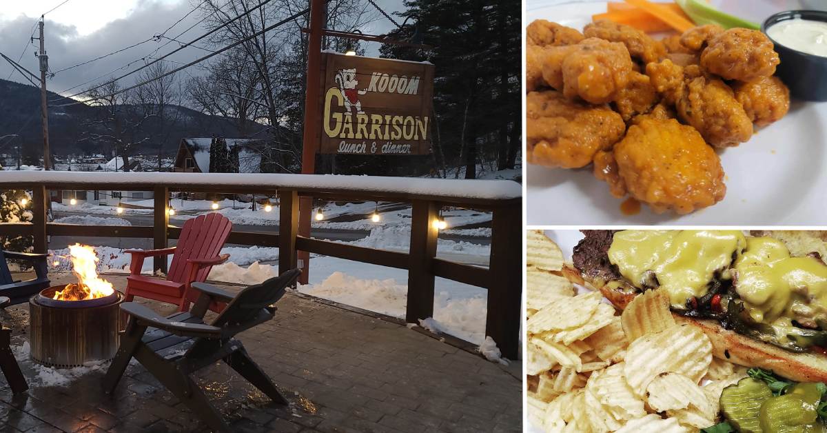 outside of garrison restaurant with sign and fire pit, boneless chicken wings, cheesesteak sub with chips and pickles