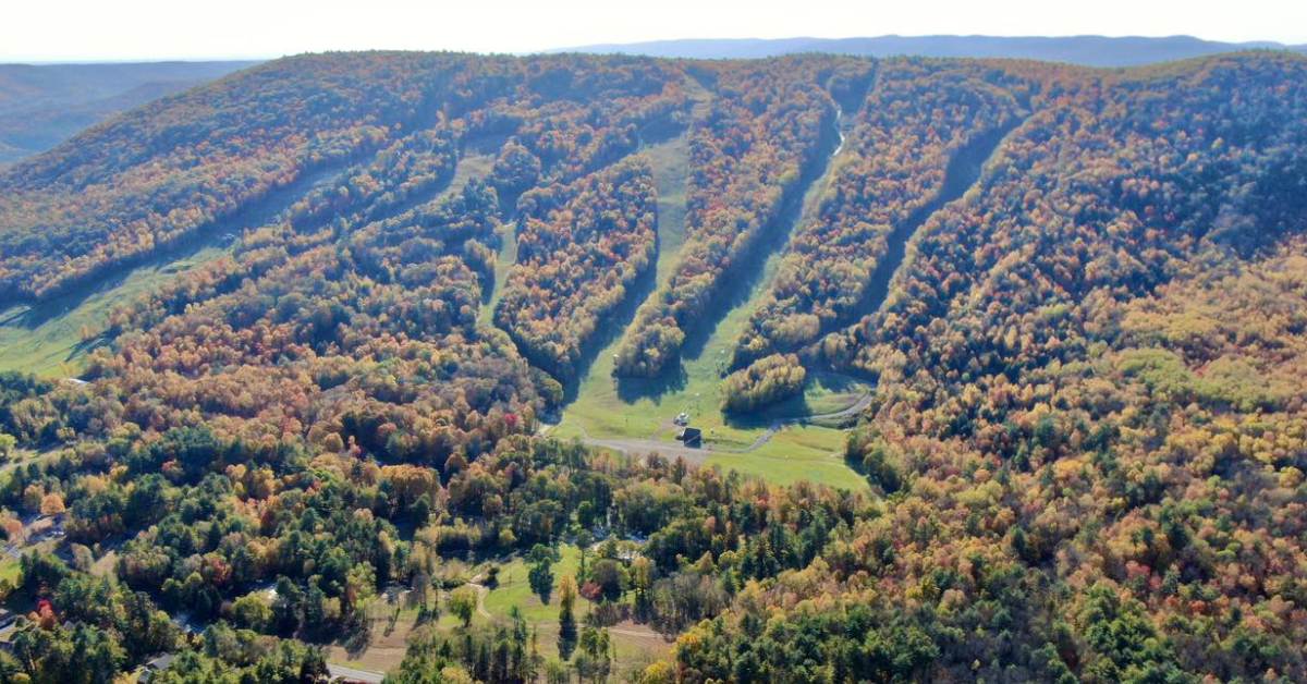 aerial view of ski mountain in the fall
