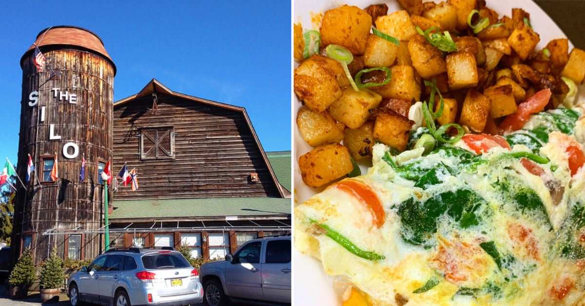 split image. on left is exterior of wood barn and silo. on right is omelet with breakfast potatoes