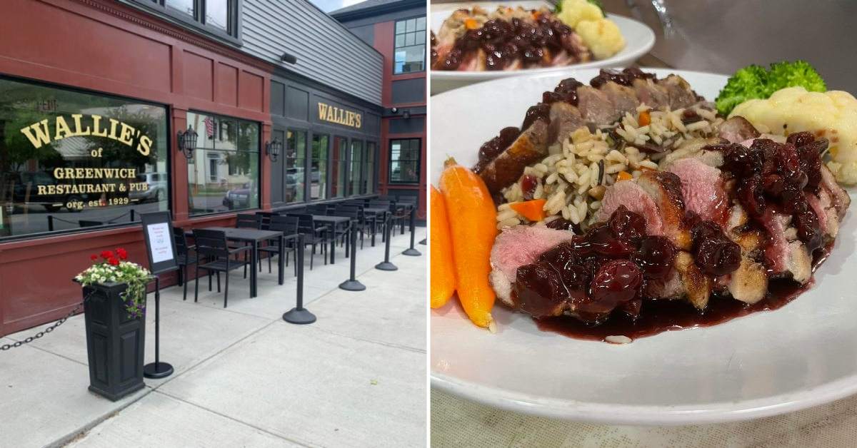 split image. on left is exterior of wallies. on right is plate with beef, rice, and veggies