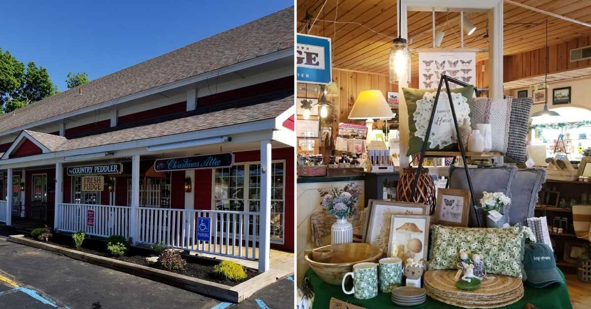 split image. on left is exterior of shop, on right is display inside shop