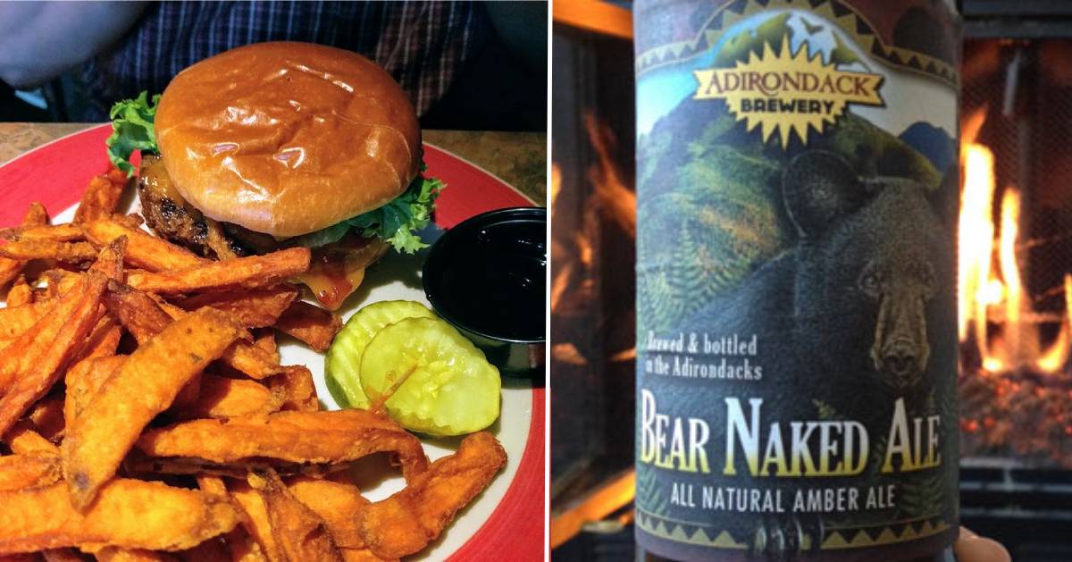 split image with burger and fries on the left and beer bottle in front of fire on the right