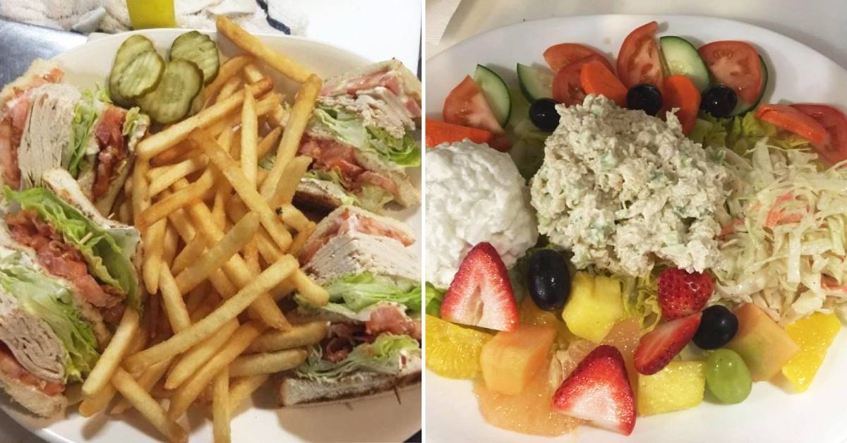 split image. on left is club sandwich & fries, on right is plate with fruit, cottage cheese, chicken salad, and coleslaw