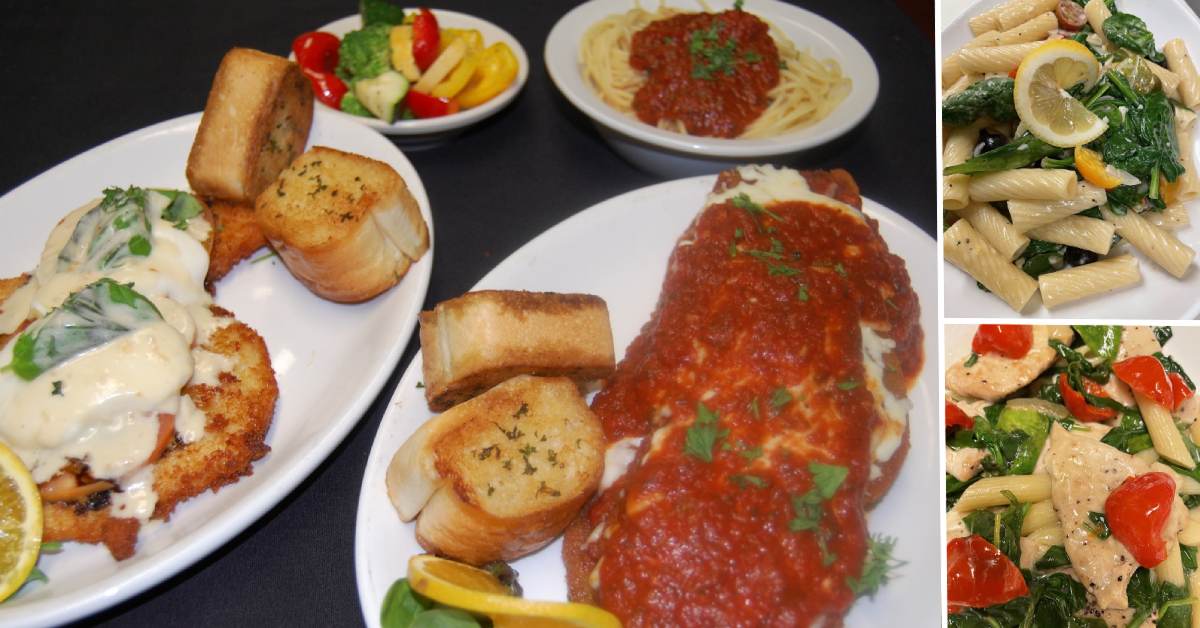 variety of italian pasta dishes, a few with garlic bread