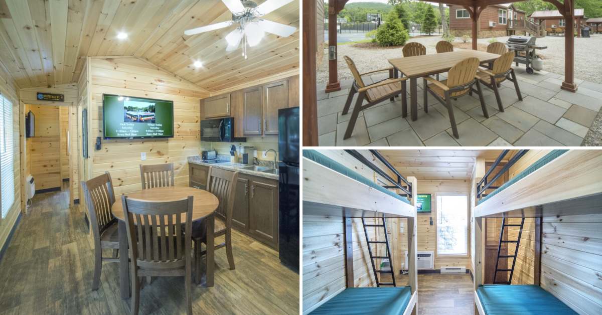 collage of cabin with kitchen, two sets of bunk beds, outdoor seating area
