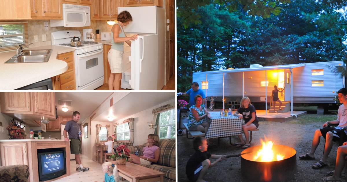 collage of trailer park rental with kitchen, living room, outside seating area with fire pit