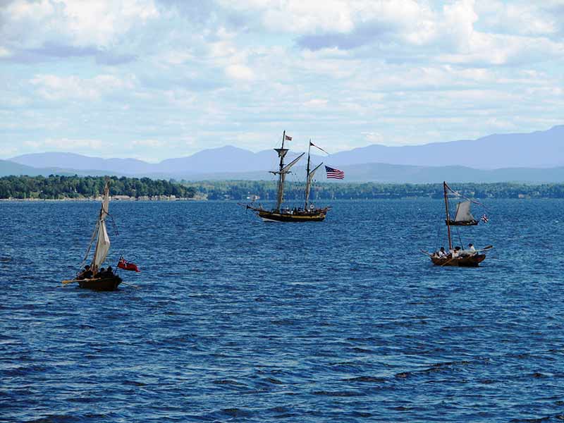 Boats on Lake Champlain during a reenactment of the Battle of Plattsburgh