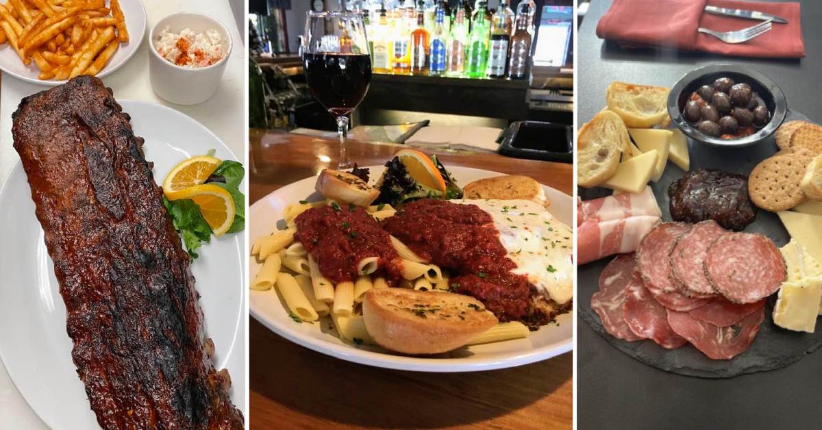 rack of ribs on left, chicken parm with pasta in center, deli meats and olives app on right