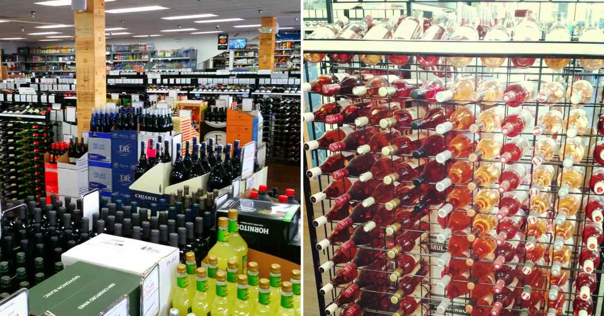split image. on left is interior of liquor store. on right is rack of wines