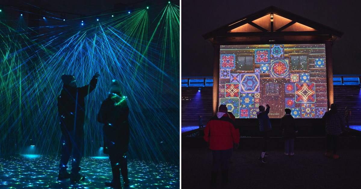 left image of two people under green lights; right image of a colorful cabin wall screen