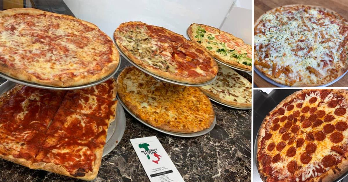 different types of pizza on display