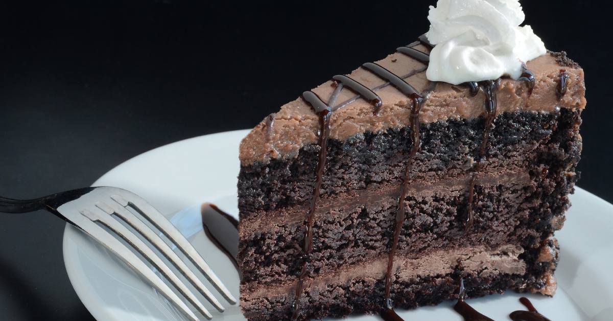 slice of three layer chocolate cake