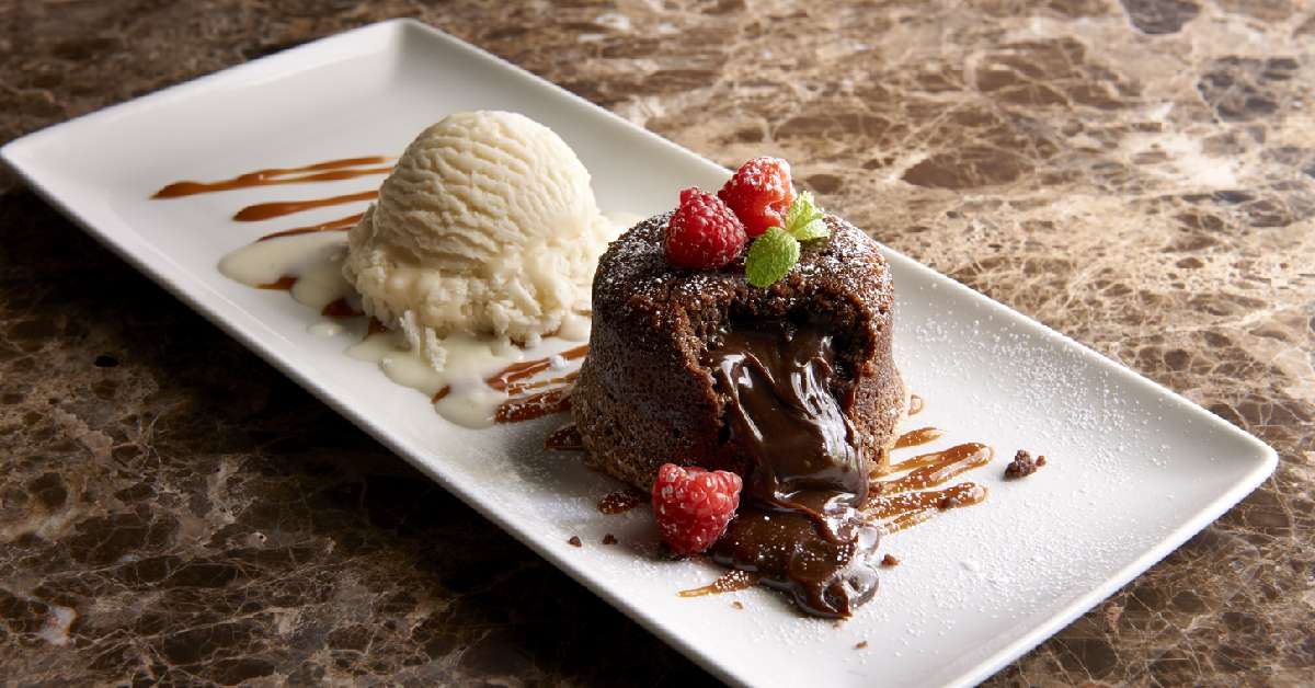 dessert with chocolate cake and ice cream