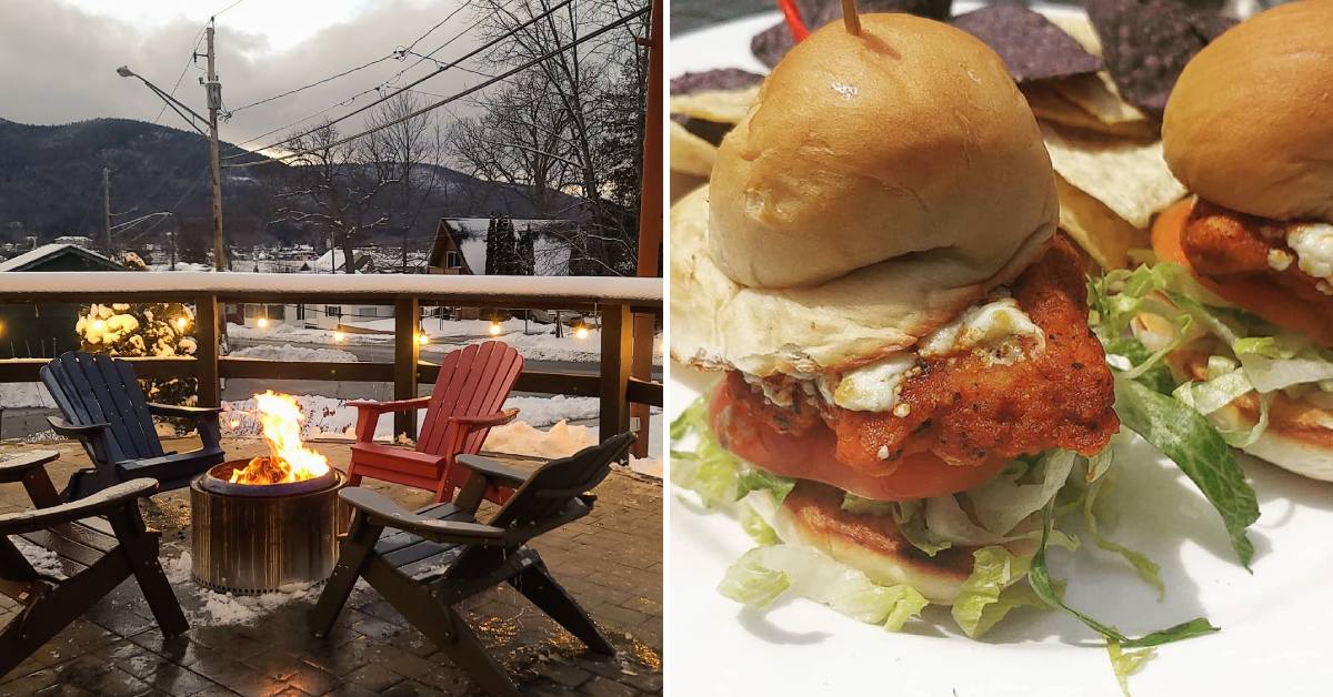 outdoor fire pit in winter on the left, chicken burger sliders on the right