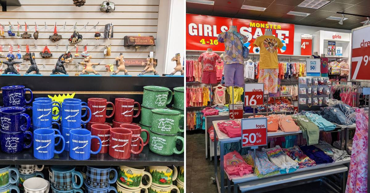 lake george coffee mugs and other items on the left, girls clothes for sale on the right