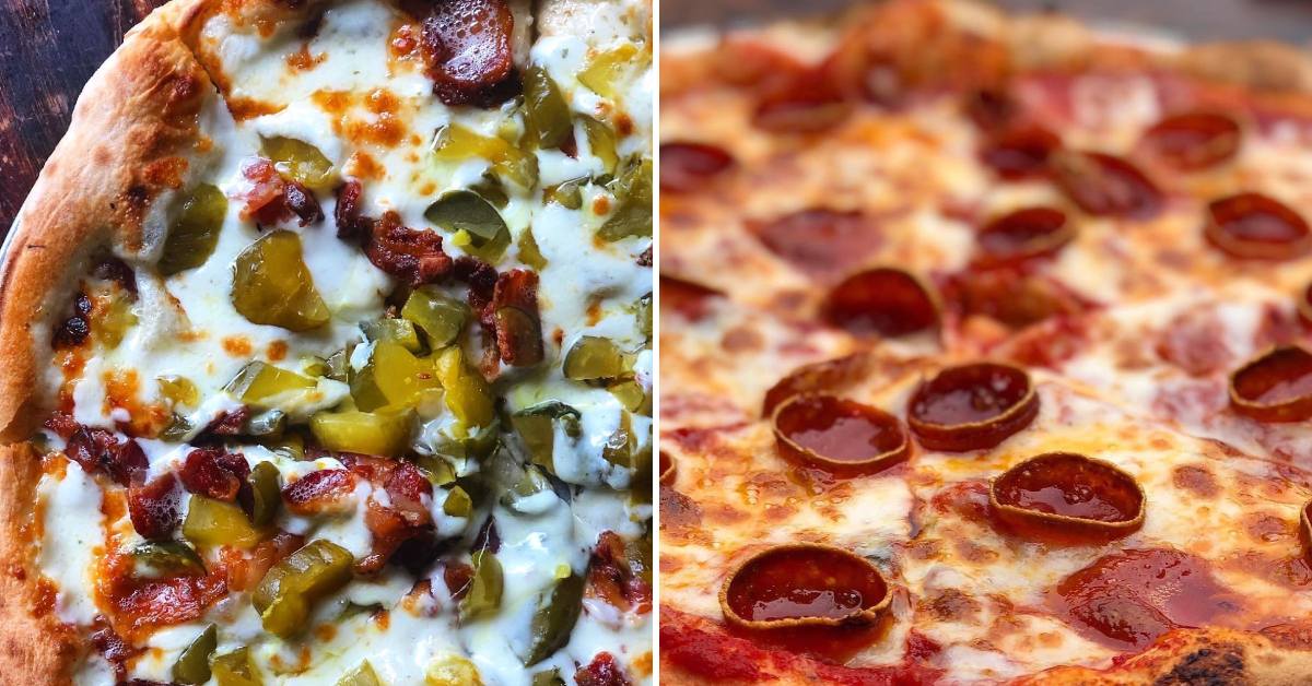 pickle pizza on the left, pepperoni on the right