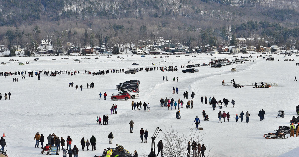 aerial photo of lake george winter carnival on a frozen lake