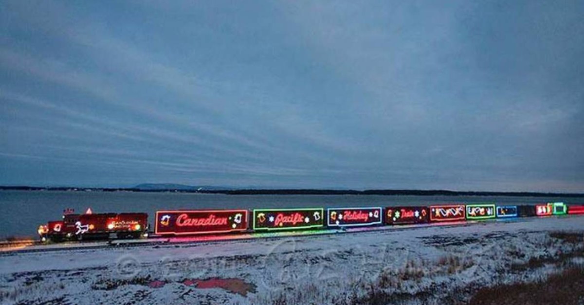 CP Holiday Train lit up at night