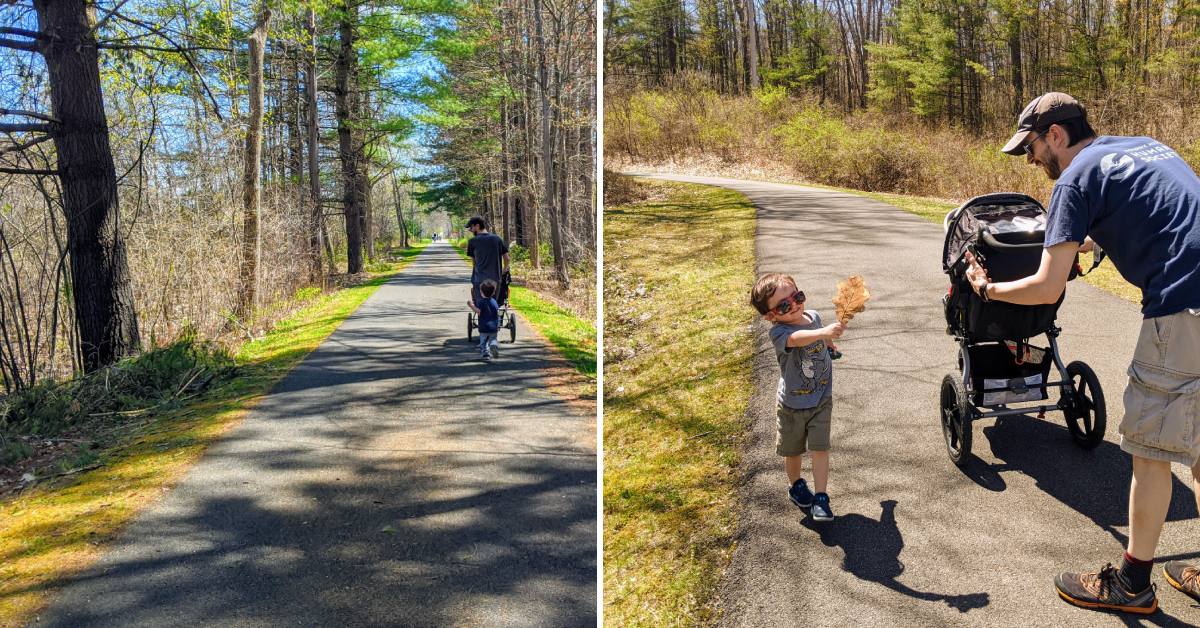 man with stroller on warren county bikeway