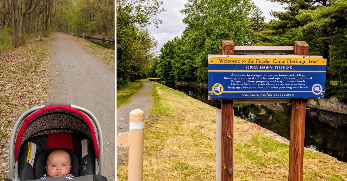 baby in stroller and signage for feeder canal trail