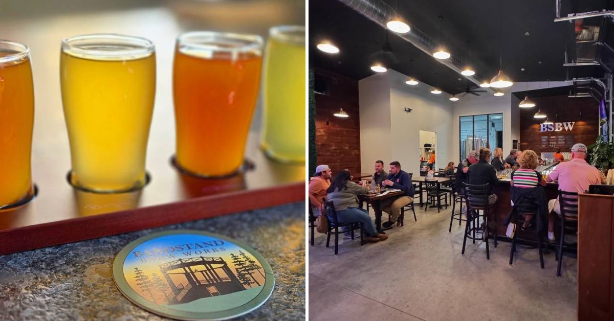 beer flight on the left, inside of bandstand brew works on the right