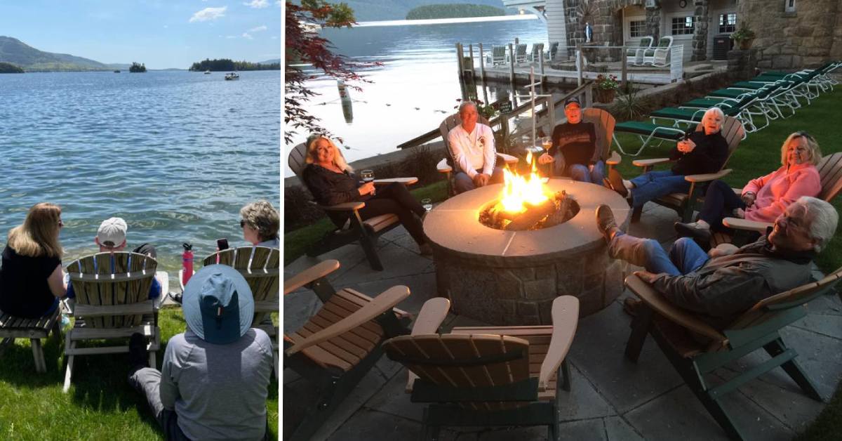 guests at the boathouse waterfront lodging looking out at water and sitting around fire pit