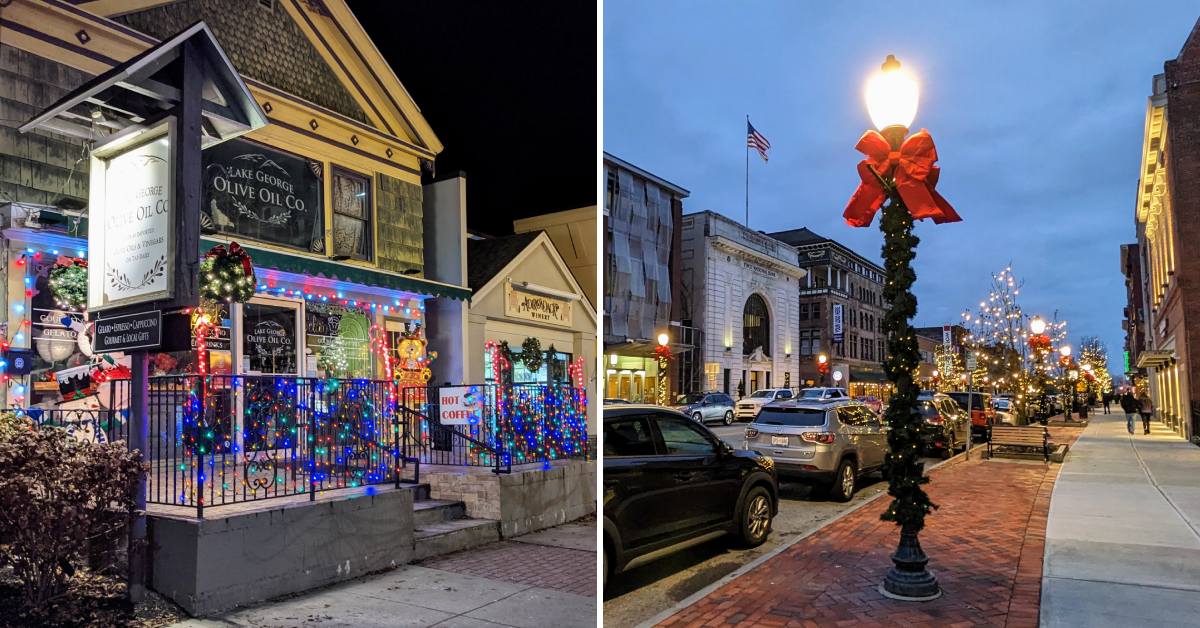 lake george village on the left and downtown glens falls on the right, both decorated with holiday lights