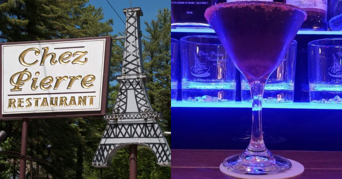 left image of Chez Pierre sign; right image of a cocktail in a blue light